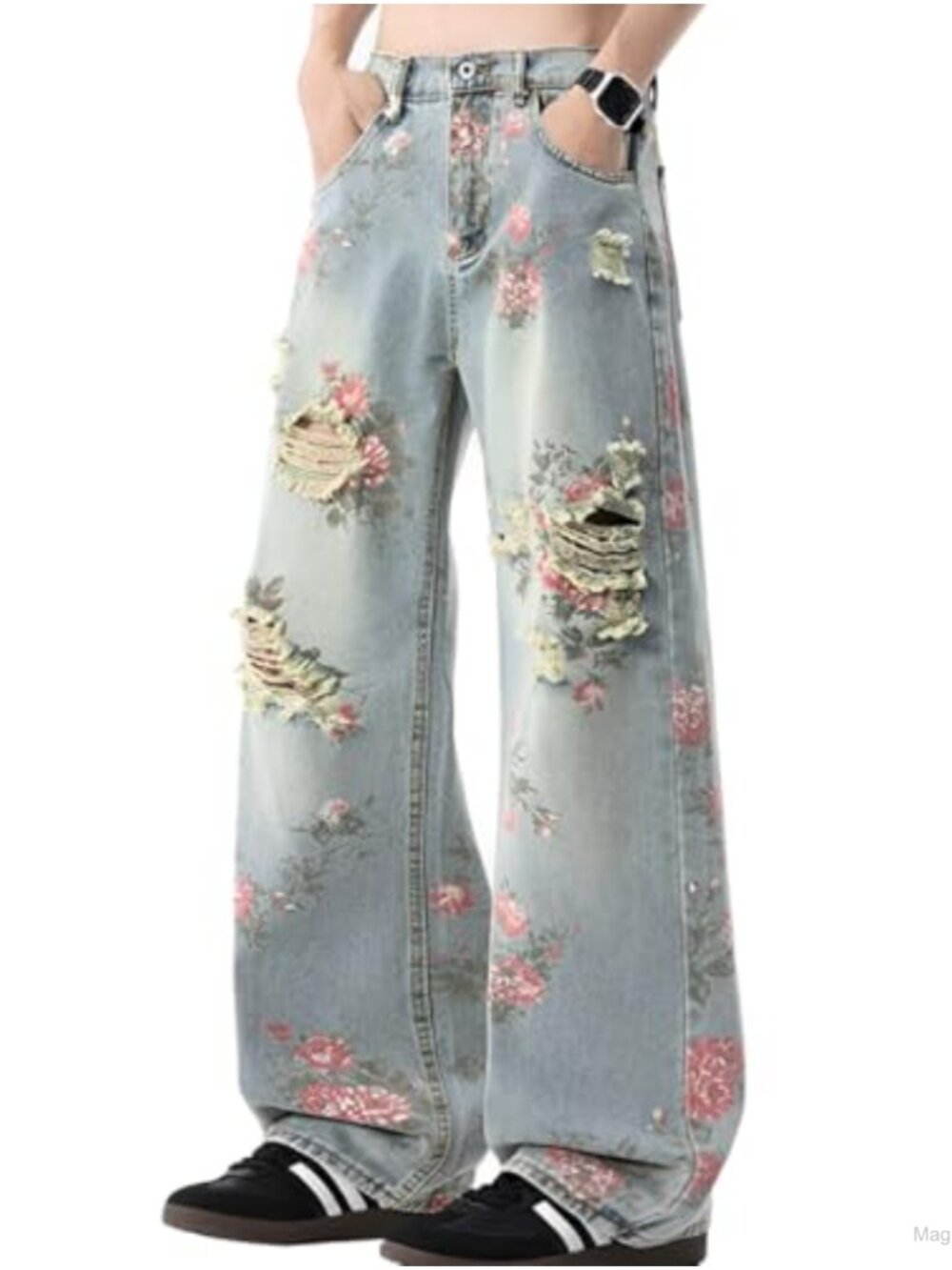 High Waisted Wide Leg Jeans Floral Ripped Y2K Cotton Denim